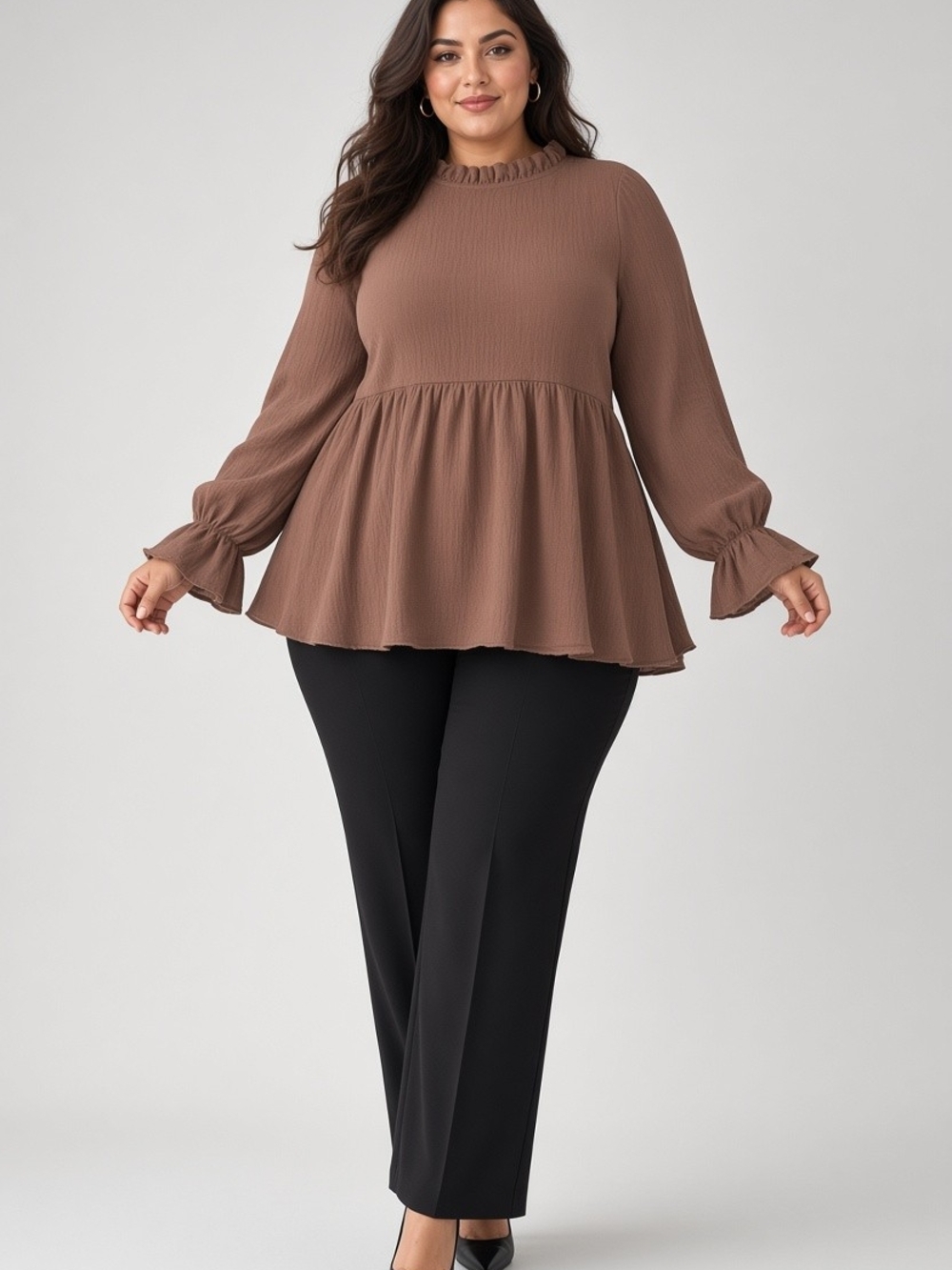 Women's Ruffle-Neck Peplum Blouse - Brown